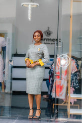 Elegant grey houndstooth pencil dress